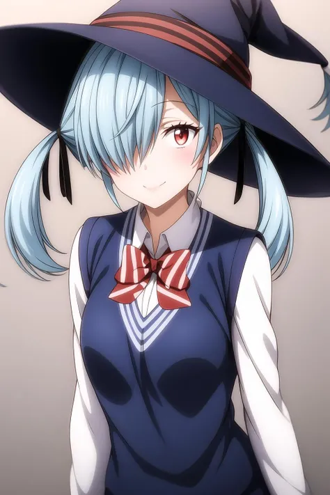 1girl, black headwear, bow, bowtie, hair over one eye, hair ribbon, long hair, red eyes, twintails, gradient, gradient background, grey background, large hat, vest, blue vest, long sleeves, looking at viewer, red bow, school uniform, shirt, smile, solo, striped, striped bow, striped bowtie, upper body, white shirt, witch, large witch hat, looking at viewer, noa_takigawa, <lora:add_detail:0.7>