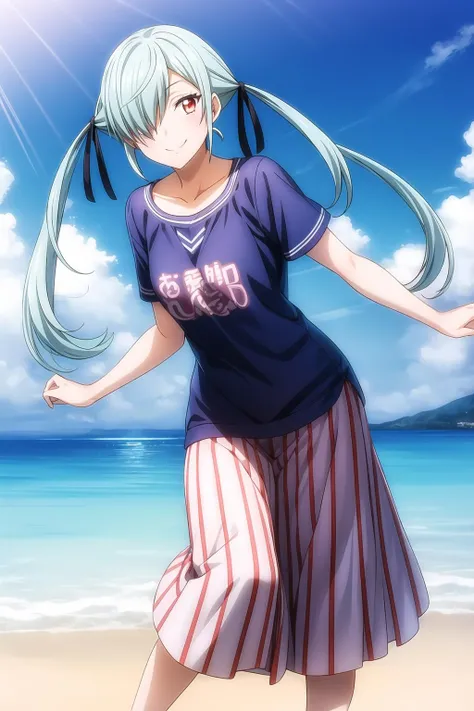 1girl, hair over one eye, hair ribbon, long hair, looking at viewer, red eyes, solo, twintails, smile, t-shirt dress, clothes, long skirt, beach background, sky, day, summer, outdoor, noa_takigawa, <lora:add_detail:0.7>