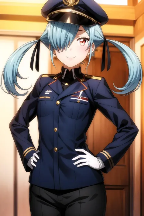 1girl, hair over one eye, hair ribbon, long hair, looking at viewer, red eyes, ribbon, solo, twintails, smile, black jacket, gloves, wearing peaked hat, long sleeves, military, military pants, military uniform, uniform, white gloves, noa_takigawa, <lora:add_detail:0.7>,