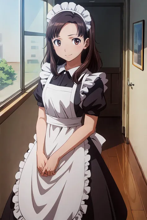 (masterpiece, best quality:1.2), highres, anime screencap, anime coloring, 1girl, solo, seductive smile, 
Tomoko_Kawada_V1, mature female, brown hair, long hair, brown eyes, maid headdress, 
maid, black dress, white apron, maid apron, puffy sleeves, short sleeves, frills, 
indoors, school, hallway, window, day, sunlight, sky, looking at viewer, 
<lora:add_detail_CyberAlchemist:0.4>, <lora:GoodHands-beta2:0.8>, <lora:TomokoKawadaV1-000009:0.8>