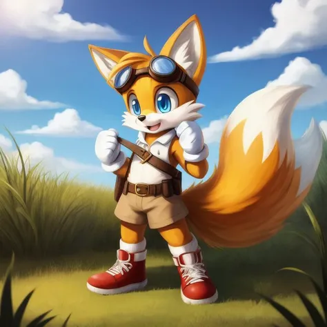 2mâle, anthro, mâle, renard, (Miles Tails Prower, tails the renard), yeux bleus, contexte détaillé, Meilleure qualité, 1boy animal ears animal nose bag belt yeux bleus blue sky brown bag brown belt closed mouth day renard boy renard ears renard tail full body furry furry mâle gloves goggles goggles on head grass hand up looking up mâle focus multiple tails outdoors red footwear shadow shoes sky smile sneakers socks solo standing tail two tails white gloves white socks yellow fur fat ass small dick anatomie obese he wears a underwear