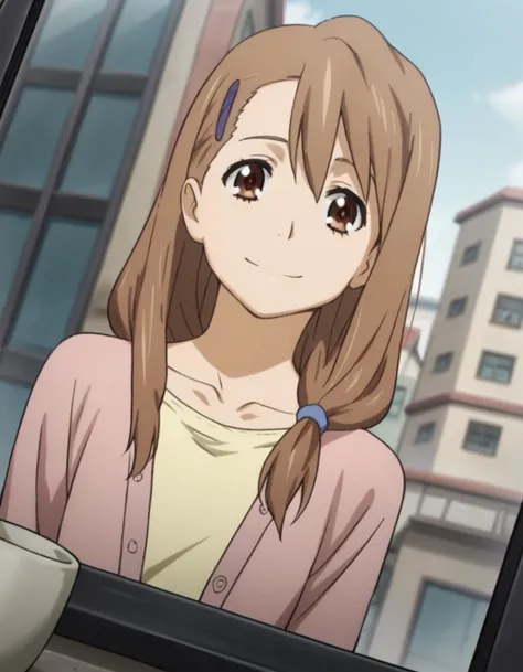score_9, score_8_up, score_7_up, source_anime,
toukoyadomi, <lora:touko-yadomi-s1-ponyxl-lora-nochekaiser:1>,
touko yadomi, long hair, brown hair, brown eyes, hair over shoulder, hair clip,
shirt, yellow shirt, collarbone, long sleeve, cardigan, pink cardigan,
outdoors, cityscape, bent over, smile,
looking at viewer, solo, cowboy shot, dutch angle,