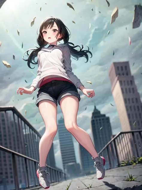 masterpiece, best quality, 1girl, solo, <lora:hin-5:1>, twintails, shorts, cloudy sky, dynamic angle, sky, levitation, amano_hina,falling, depth of field