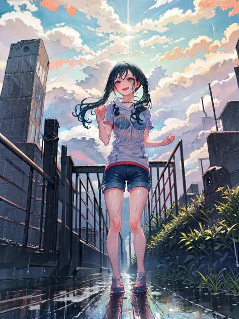 masterpiece, best quality, 1girl, solo, <lora:hin-5:1>, amano_hina, twintails, shorts, city, blue sky, shiny, smile face,cloudy sky, wet, wet hair, praying,