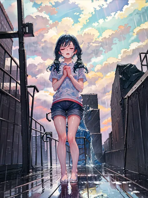 masterpiece, best quality, 1girl, solo, <lora:hin-5:1>, amano_hina, twintails, shorts, city, blue sky, shiny, closed eyes,cloudy sky, wet, wet hair, praying, standing, dynamic angle, the roof of a building, after the rain, hand to hand, close