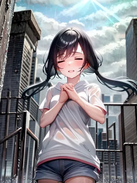 masterpiece, best quality, 1girl, solo, <lora:hin-5:1>, amano_hina, twintails, shorts, city, blue sky, shiny, closed eyes,cloudy sky, wet, wet hair, praying, standing, dynamic angle, after the rain, hand to hand, close, upper body,