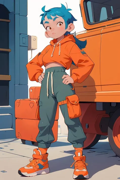 (masterpiece, best quality), 1girl, French blue Crew Cut with Skin Fade, Size G breasts, Pale orange Peplum top and Jogger-style cargo pants with a drawstring waist, thigh strap, Standing with hands on knees, looking forward, <lora:yoshi:1> yoshiostyle