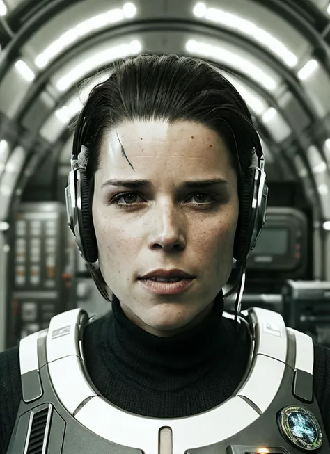 close up photo of sks woman, rugged space trucker, inside industrial spaceship, futuristic science fiction, action scene, digital concept art, realistic, intricate detailed textures, filmic, cinematic, environmental character portrait, <lora:locon_neve_v1_from_v1_64_32:1.25>