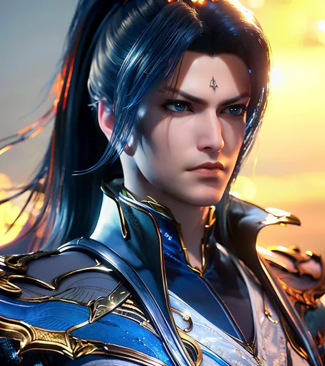 1man, solo, masterpiece, cg, 8k, raw photo, picture, simple background, (looking at camera:1.2), cowboy shot, standing, posing, ultra detailed skin, (ultra detailed face:1.2), (blue irises:1.3), hair ornaments, long hair, long fringes, indigo hair, ponytail, lean muscular body, detailed costume, armor, blue cape, long sleeves, <lora:aki:1>