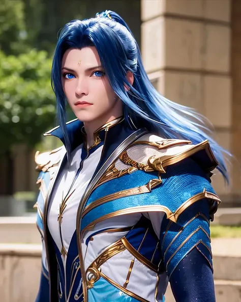 1boy, armor, blue eyes, blue hair, depth of field, long hair, looking at viewer,upper body,