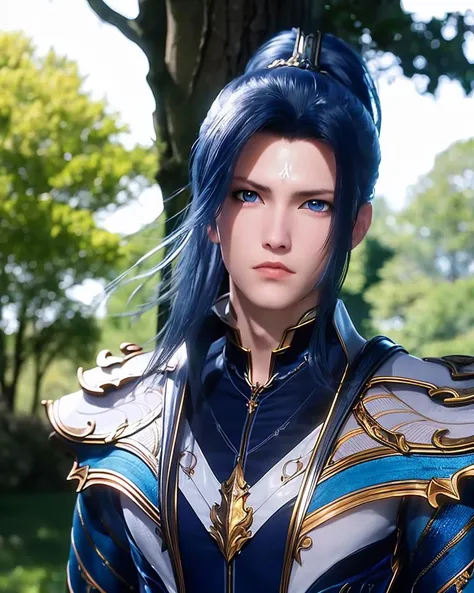 1boy, 1boy, armor, black hair, blue eyes, blurry, blurry background, closed mouth, depth of field, long hair, looking at viewer, male focus, outdoors, ponytail, solo, tree, upper body