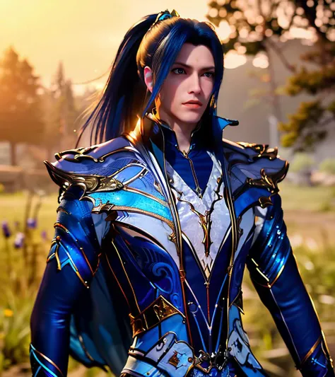 1man, solo, masterpiece, cg, 8k, raw photo, picture, simple background, (looking at camera:1.2), cowboy shot, standing, posing, ultra detailed skin, (ultra detailed face:1.2), (blue irises:1.3), hair ornaments, long hair, long fringes, indigo hair, ponytail, lean muscular body, detailed costume, armor, blue cape, long sleeves, <lora:aki:1>