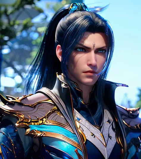 1man, solo, masterpiece, cg, 8k, raw photo, picture, simple background, (looking at camera:1.2), cowboy shot, standing, posing, ultra detailed skin, (ultra detailed face:1.2), (blue irises:1.3), hair ornaments, long hair, long fringes, indigo hair, ponytail, lean muscular body, detailed costume, armor, blue cape, long sleeves, <lora:aki:1>