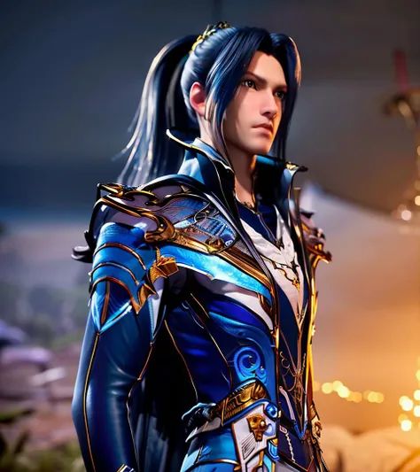 1man, solo, masterpiece, cg, 8k, raw photo, picture, simple background, (looking at camera:1.2), cowboy shot, standing, posing, ultra detailed skin, (ultra detailed face:1.2), (blue irises:1.3), hair ornaments, long hair, long fringes, indigo hair, ponytail, lean muscular body, detailed costume, armor, blue cape, long sleeves, <lora:aki:1>