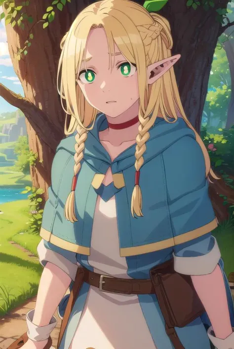 marcilledonato, <lora:marcille donato-lora-nochekaiser:1>,
marcille donato, long hair, blonde hair, (green eyes:1.3), braid, pointy ears, twin braids, elf, (bright pupils:1.5), (parted bangs:1.5),
BREAK choker, robe, red choker,
BREAK outdoors, nature, forest, trees, grass, river, sun, sky, clouds,
BREAK looking at viewer, (cowboy shot:1.5),
BREAK <lyco:GoodHands-beta2:1>, (masterpiece:1.2), best quality, high resolution, unity 8k wallpaper, (illustration:0.8), (beautiful detailed eyes:1.6), extremely detailed face, perfect lighting, extremely detailed CG, (perfect hands, perfect anatomy),