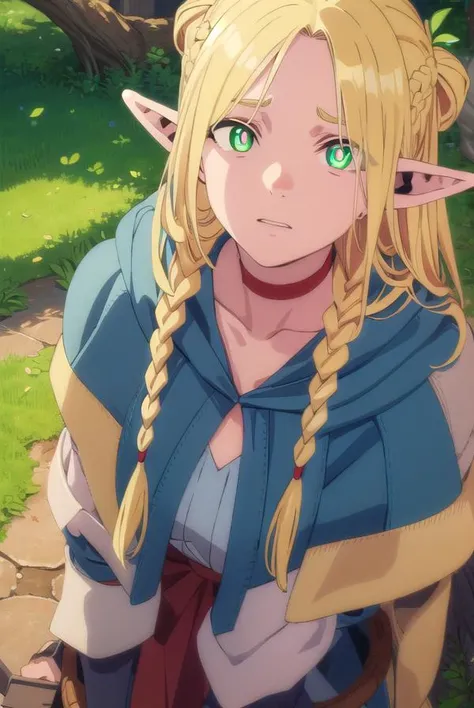 marcilledonato, <lora:marcille donato-lora-nochekaiser:1>,
marcille donato, long hair, blonde hair, (green eyes:1.3), braid, pointy ears, twin braids, elf, (bright pupils:1.5), (parted bangs:1.5),
BREAK choker, robe, red choker,
BREAK outdoors, nature, forest, trees, grass, river, sun, sky, clouds,
BREAK looking at viewer, (cowboy shot:1.5),
BREAK <lyco:GoodHands-beta2:1>, (masterpiece:1.2), best quality, high resolution, unity 8k wallpaper, (illustration:0.8), (beautiful detailed eyes:1.6), extremely detailed face, perfect lighting, extremely detailed CG, (perfect hands, perfect anatomy),