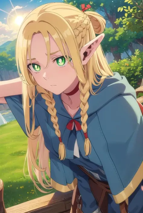 marcilledonato, <lora:marcille donato-lora-nochekaiser:1>,
marcille donato, long hair, blonde hair, (green eyes:1.3), braid, pointy ears, twin braids, elf, (bright pupils:1.5), (parted bangs:1.5),
BREAK choker, robe, red choker,
BREAK outdoors, nature, forest, trees, grass, river, sun, sky, clouds,
BREAK looking at viewer, (cowboy shot:1.5),
BREAK <lyco:GoodHands-beta2:1>, (masterpiece:1.2), best quality, high resolution, unity 8k wallpaper, (illustration:0.8), (beautiful detailed eyes:1.6), extremely detailed face, perfect lighting, extremely detailed CG, (perfect hands, perfect anatomy),