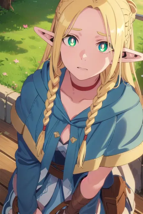 marcilledonato, <lora:marcille donato-lora-nochekaiser:1>,
marcille donato, long hair, blonde hair, (green eyes:1.3), braid, pointy ears, twin braids, elf, (bright pupils:1.5), (parted bangs:1.5),
BREAK choker, robe, red choker,
BREAK outdoors, nature, forest, trees, grass, river, sun, sky, clouds,
BREAK looking at viewer, (cowboy shot:1.5),
BREAK <lyco:GoodHands-beta2:1>, (masterpiece:1.2), best quality, high resolution, unity 8k wallpaper, (illustration:0.8), (beautiful detailed eyes:1.6), extremely detailed face, perfect lighting, extremely detailed CG, (perfect hands, perfect anatomy),