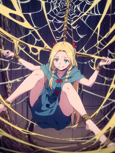 masterpiece,best quality,1girl,solo,marcille donato, choker, robe, red choker, (embarassed smile:1.3), sweating emote, <lora:marcille donato-lora-nochekaiser:1> ,sticky net,restrained,strangling,sticky spider web,(((floating,hanging))),legs hanged by sticky spider web,spread legs,bound legs by sticky spider web,bdsm,bound arms by sticky spider web,bound wrists by sticky spider web, <lora:spiderWeb:0.2>