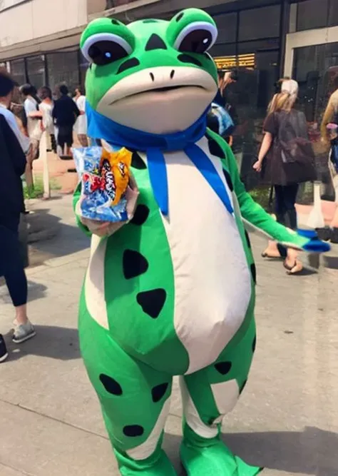 Frogdoll,animal costume,full body,<lora:test7:1>,snack street,