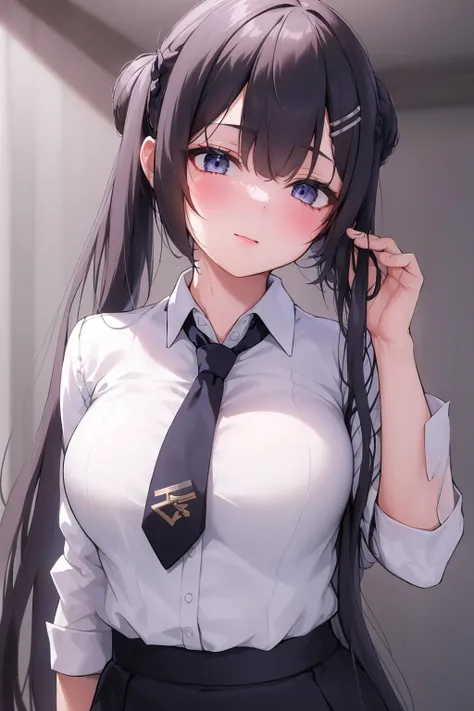 1girl, <lora:Kisaki:0.6>,hairclip, necktie,collared shirt, white shirt,garter straps , colorful theme, (best quality, high quality, high resolution), realistic, ultra-detailed, highly detailed face features, absurdres,realistic lighting and reflections, highly detailed face features, see through shirt, best photo,high quality illustration