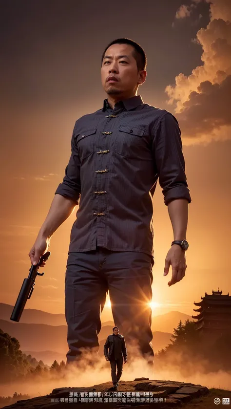 (There are many Magic the Gathering cards floating in the air around the police), and a red dragon flies over the city in the background. (Masterpiece) Extremely high-quality, ultra-detailed illustrations, ultra-high resolution, showing a handsome mature male 35 year old human hong kong policeman with muscular body, short hair and under-trimmed stubble, wearing a jacket, Surreal and charming.