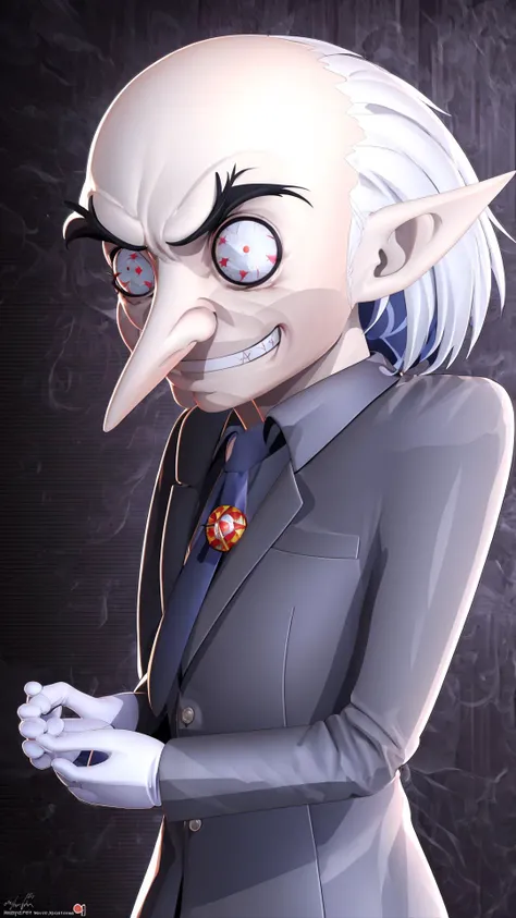 <lora:zs_Igor:0.8> igorpersona, pointy ears, grin, gloves, suit, bald, white hair, old, old man, long nose, pointy nose, pupils, masterpiece, best quality, extremely detailed, highly quality, 4k, sharp focus, professional, sharp focus, award winning, cinematic lighting, octane render, unreal engine, volumetrics dtx, Wallpaper,