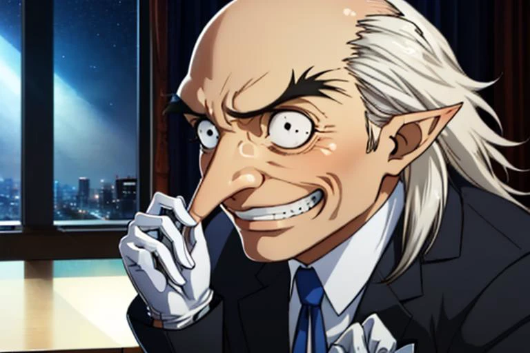 (masterpiece, best quality:1.2), solo, male focus, 1boy, igorpersona, pointy ears, grin, gloves, suit, bald, white hair, old, old man, long nose, pointy nose, pupils <lora:zs_Igor:1>