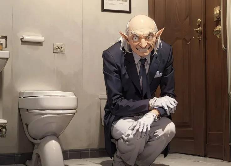 best quality,masterpiece,ADDBASE,
woman rest room,ADDROW,
toilet bowl ADDCOL,
1boy,igorpersona, pointy ears, grin, gloves, suit, bald, white hair, old, old man, long nose, pointy nose, pupils,Sitting on the floor holding your knees,toilet,hide,<lora:zs_Igor:0.8>