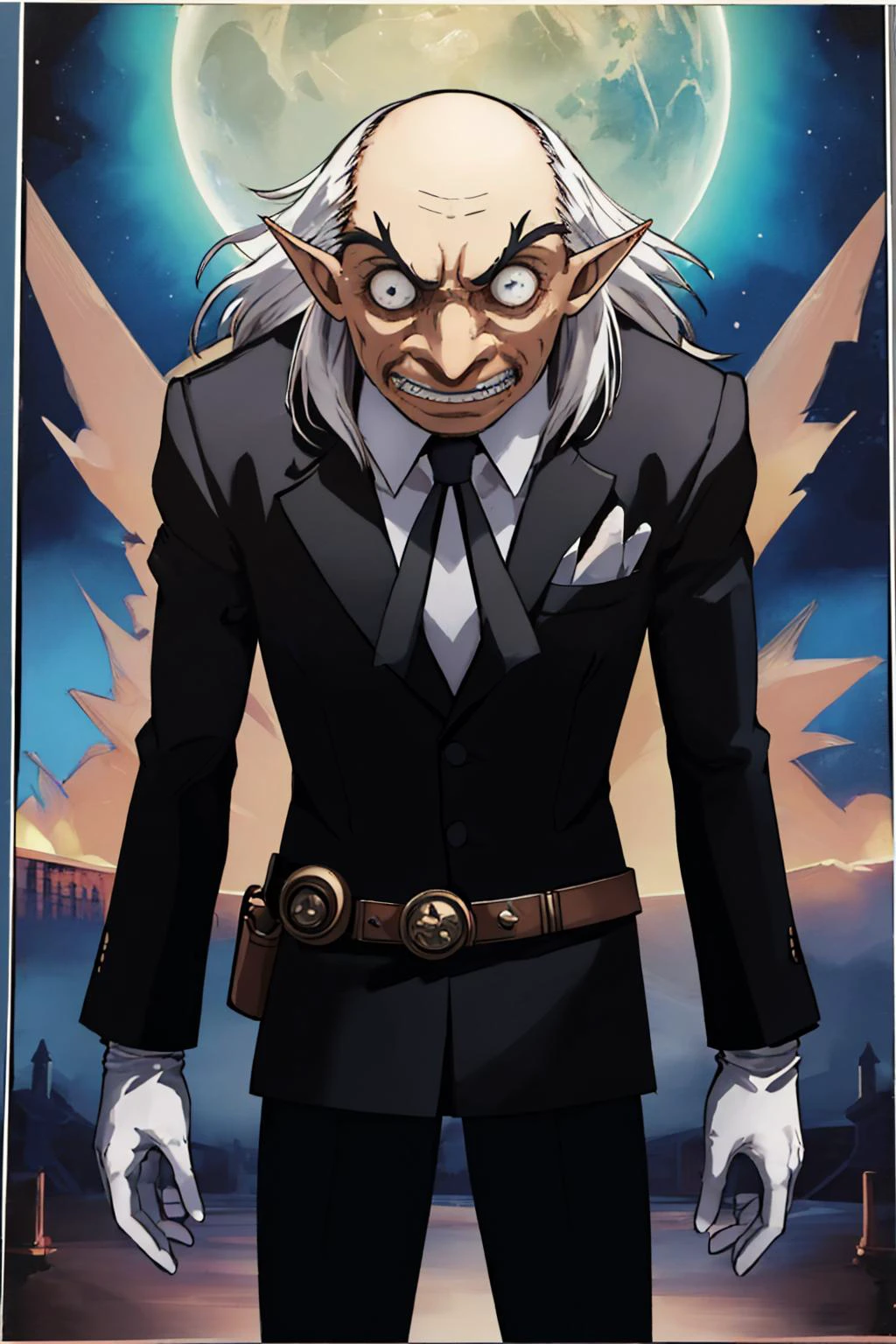 (masterpiece, best quality:1.2), cowboy shot, solo, male focus, 1boy, igorpersona, pointy ears, grin, gloves, suit, bald, white hair, old, old man, long nose, pointy nose, pupils, black pants <lora:zs_Igor:1> <lora:Gloomifier_TheDread_V1_LECO:2>