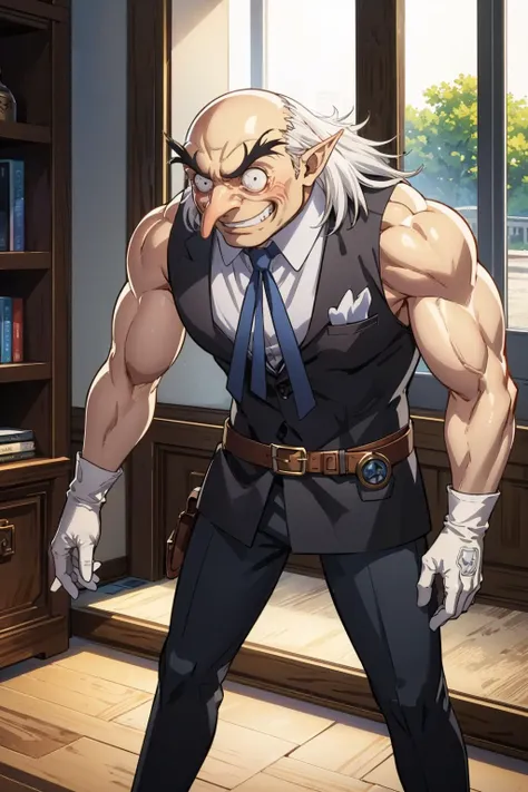 masterpiece, best quality,  <lora:zs_Igor:1> igorpersona, pointy ears, grin, gloves, suit, bald, white hair, old, old man, long nose, pointy nose, pupils, flexing, sleeveless, (muscular:1.6), teeth, open mouth, standing