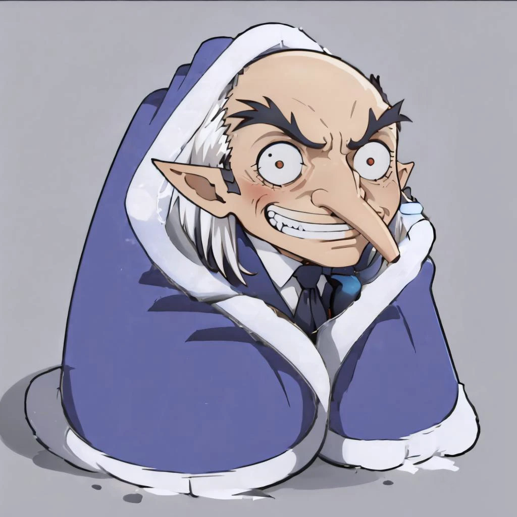 masterpiece, best quality, <lora:zs_Igor:0.9> igorpersona, pointy ears, grin, suit, bald, white hair, old, old man, long nose, pointy nose, pupils <lora:cozyblanket-nvwls-v1:1.4> cozyblanket, chibi, simple background