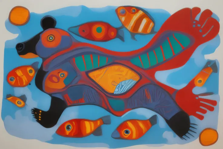 (masterpiece, best quality, 8k, uhd), <lora:NorvalMorrisseauStyle_v1:0.6> painting, Norval Morriseau Style, fish, bear, claws