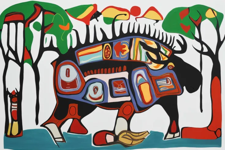 <lora:NorvalMorriseauStyle_v1:0.6> painting, Norval Morriseau Style, solo, moose, trees, claw, teeth