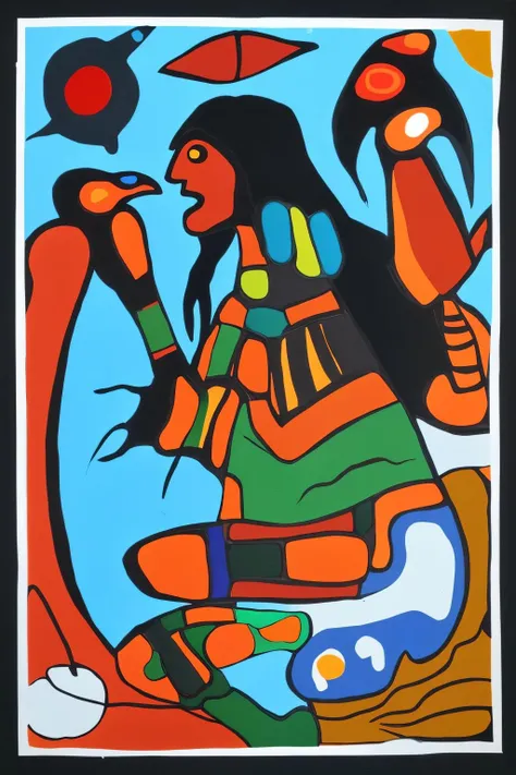 <lora:NorvalMorriseauStyle_v1:0.6> painting, Norval Morriseau Style, person with black hair, bird, storm, simple background