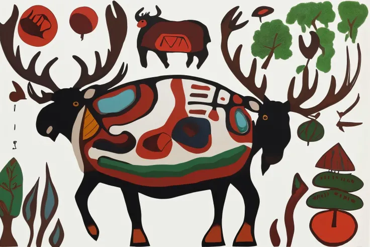 <lora:NorvalMorriseauStyle_v1:0.6> painting, Norval Morriseau Style, solo, moose, trees, claw, teeth, antlers, simple background