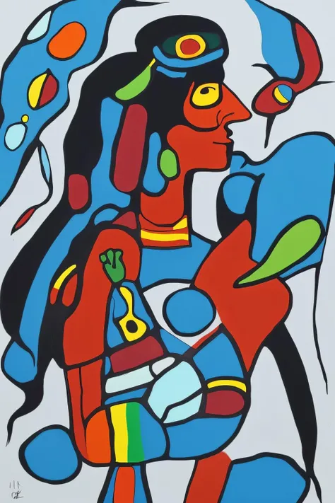 <lora:NorvalMorriseauStyle_v1-000016:0.6> painting, Norval Morriseau Style, person with black hair, bird, storm, simple background