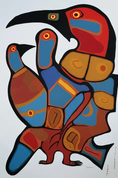 (masterpiece, best quality, 8k, uhd), <lora:NorvalMorriseauStyle_v1:0.6> painting, Norval Morriseau Style, bird, red sclera, simple background