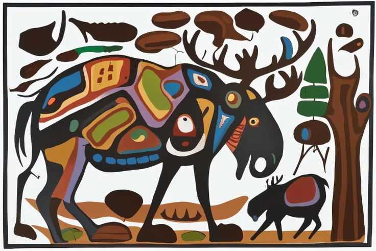 <lora:NorvalMorriseauStyle_v1:0.6> painting, Norval Morriseau Style, solo, moose, trees, claw, teeth, antlers, simple background