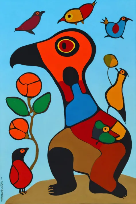 (masterpiece, best quality, 8k, uhd), <lora:NorvalMorriseauStyle_v1:0.6> painting, Norval Morriseau Style, bird, bear, colorful