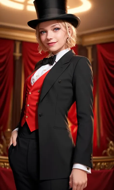 maryee2024, 1 girl, uhd, 8k, best quality, masterpiece, smile, skin pores, detailed skin, cinematic lighting, depth of field, photorealistic, raw image, focus on eyes, short hair, messy hair, magician, top hat, stage, red curtain, black suit,