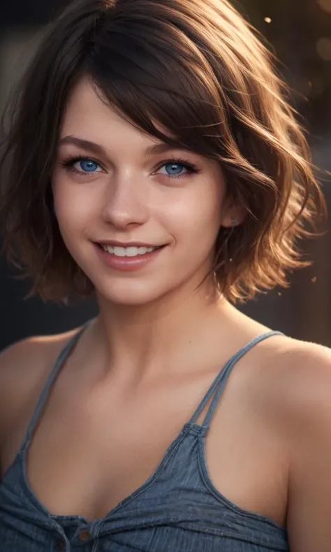 Front view of a magnificent young woman with blue eyes, this woman has short and curly hair, luscious lips and is in the woods