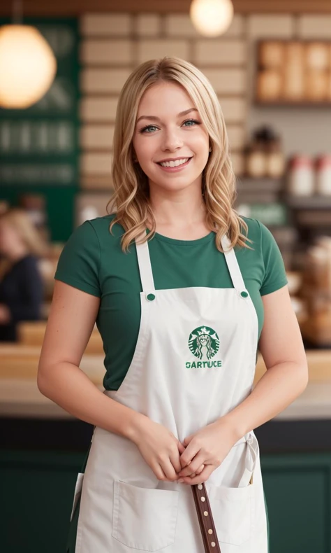 maryee2024, 1 girl, uhd, 8k, best quality, masterpiece, walking, smile, skin pores, detailed skin, cinematic lighting, depth of field, photorealistic, standing in starbucks, green apron