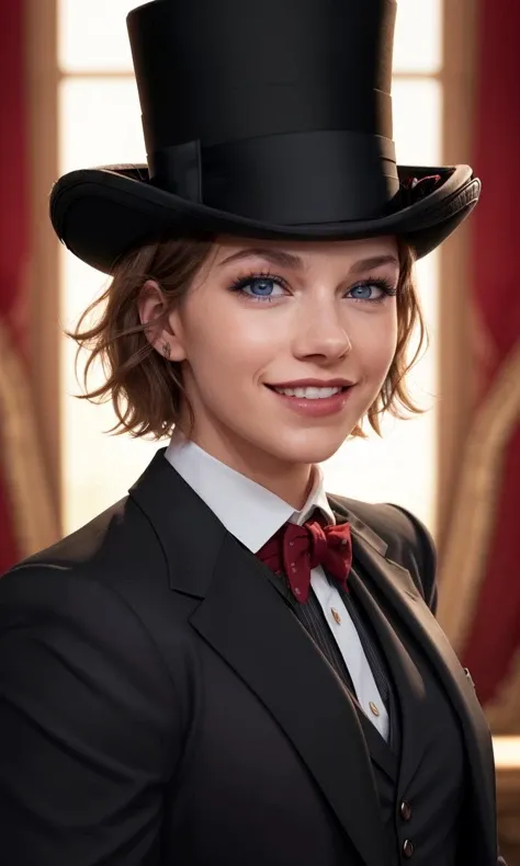 maryee2024, 1 girl, uhd, 8k, best quality, masterpiece, smile, skin pores, detailed skin, cinematic lighting, depth of field, photorealistic, raw image, focus on eyes, short hair, messy hair, magician, top hat, stage, red curtain, black suit,