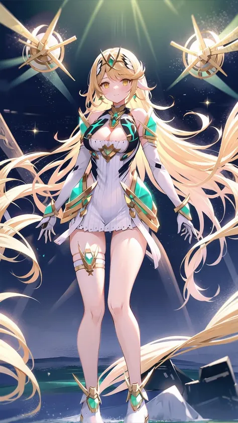 1girl, breasts, mythra (xenoblade), long hair, blonde hair, yellow eyes, large breasts, gloves, cleavage, solo, jewelry, dress, bangs, tiara, earrings, bare shoulders, cleavage cutout, clothing cutout, thigh strap, elbow gloves, short dress, swept bangs, bare legs, very long hair, white gloves, white dress, blush, white footwear, headpiece, gem, armor, smile, <lora:HikariXenoV2.0:0.7>, hikariXenoII, full body, night sky, dark, stars, starry sky, milky way, lights, light particles, fairy, masterpiece, best quality,