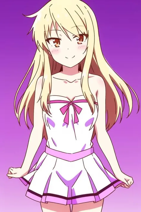 ShiinaMashiro, cowboy shot, strapless, white dress, (purple skirt), collarbone, blush, light smile, pleated skirt