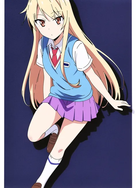 ShiinaMashiro, 1girl, purple skirt, blue vest, school uniform, red necktie, (white kneehighs), brown footwear, white background, sweater vest, brown loafers, long hair, looking at viewer, necktie, pleated skirt, shoes, skirt, solo
