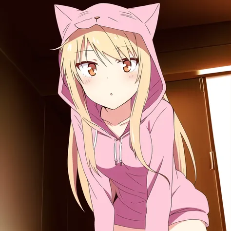 ShiinaMashiro, full body, pink hoodie, cat hood, animal hood, leaning forward, collarbone, breasts, bangs, blush, indoors