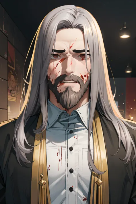 <lora:Style_SW:1> stylesw
1boy, portrait, upper body, long hair, red eyes,gray hair, wizard costume, long beard, aged up, scar on face, blood on face,
masterpiece, best quality,