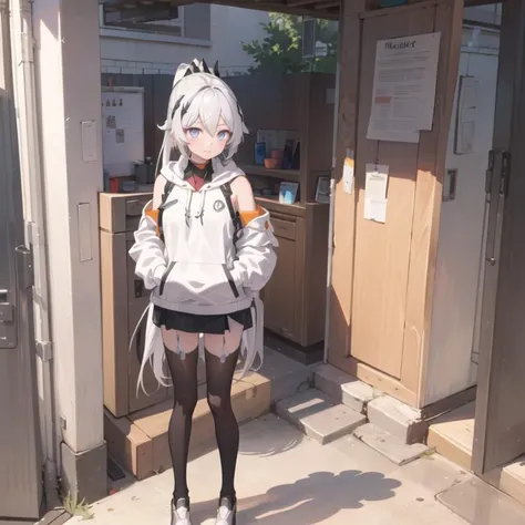 masterpiece, best quality, 1girl, solo, kiana_flamescion, long white hair, ponytail, blue eyes, (sweater, hoodie, 1.3), standing <lora:Kiana_Flamescion:0.8>